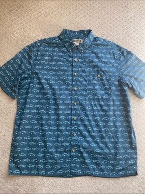 Duluth Trading Co Men’s Teal Short-Sleeve Button-Down with Light Aqua Fish Print